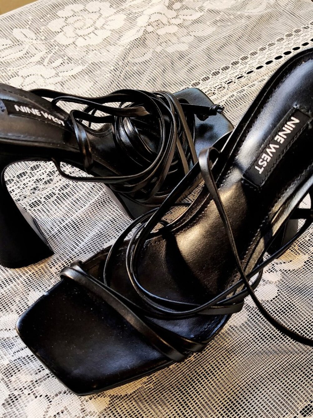 Pair NINE WEST Strappy Black Asymmetric 5.25” Block Heel Sandal, Size 7 M